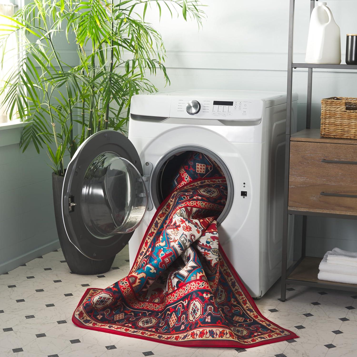 image:imageSAFAVIEH Washable Rug Tucson Collection 8 x 10 Red amp Navy Slip Resistant amp Easy to Clean Ideal for Living Room Bedroom Dining Space TSN101SRedBlue