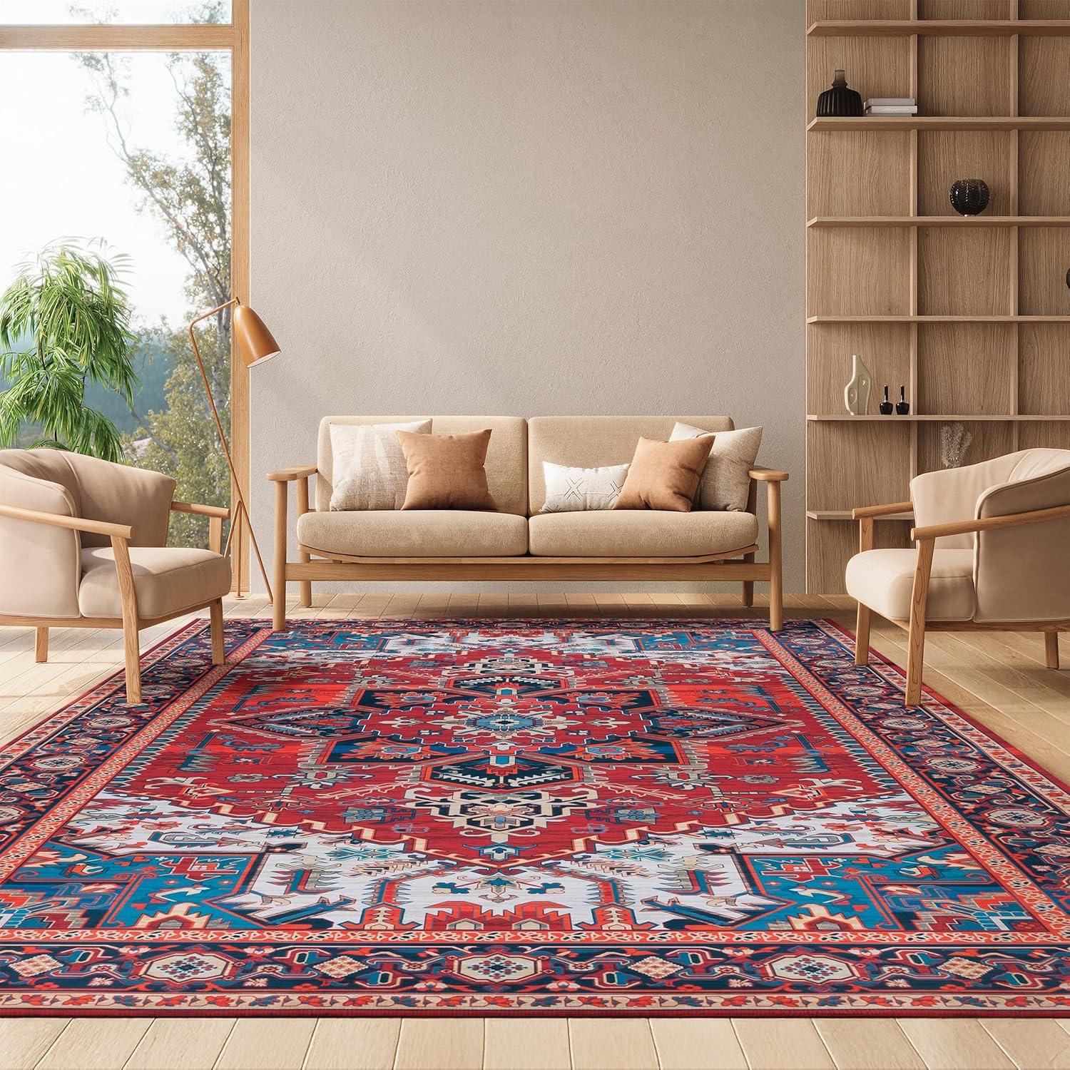image:imageSAFAVIEH Washable Rug Tucson Collection 8 x 10 Red amp Navy Slip Resistant amp Easy to Clean Ideal for Living Room Bedroom Dining Space TSN101SRedBlue