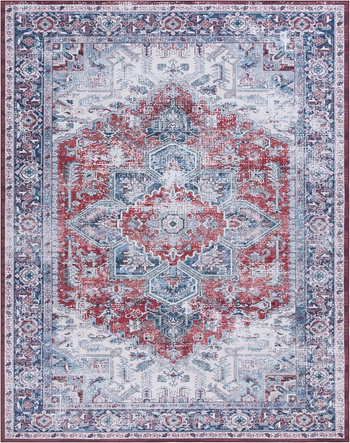 image:imageSAFAVIEH Washable Rug Tucson Collection 8 x 10 Red amp Navy Slip Resistant amp Easy to Clean Ideal for Living Room Bedroom Dining Space TSN101SRedNavy