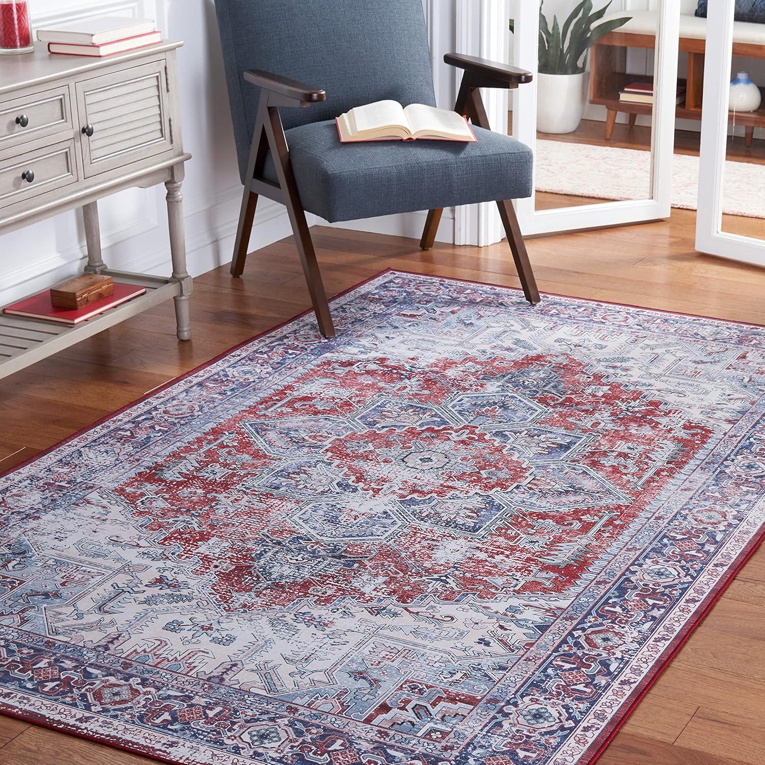 image:imageSAFAVIEH Washable Rug Tucson Collection 8 x 10 Red amp Navy Slip Resistant amp Easy to Clean Ideal for Living Room Bedroom Dining Space TSN101SRedNavy