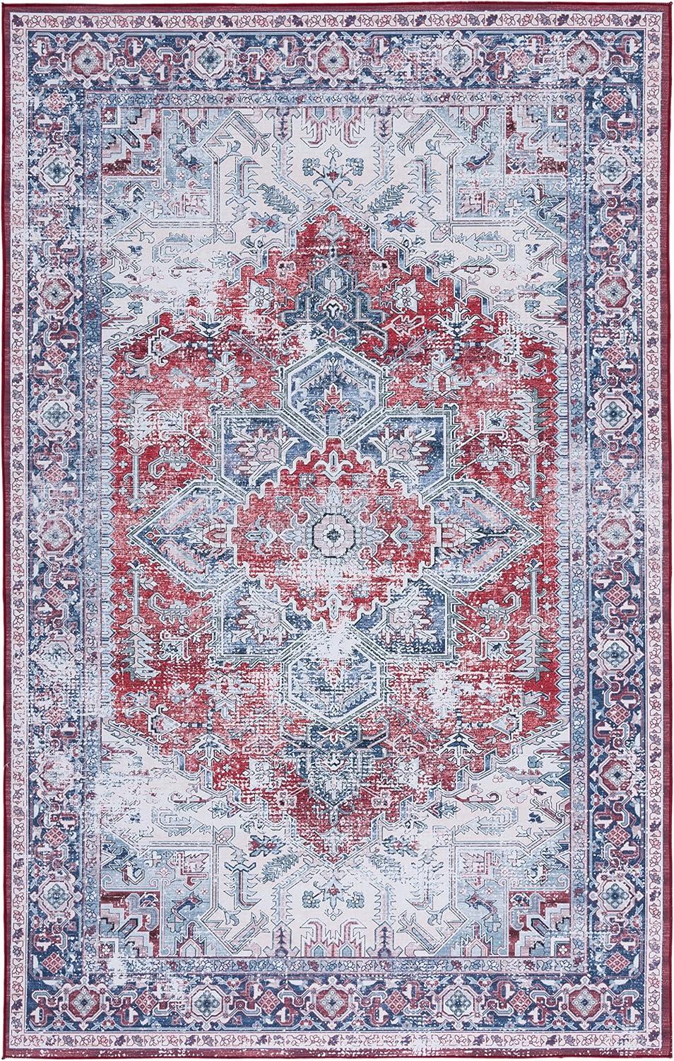 image:imageSAFAVIEH Washable Rug Tucson Collection 8 x 10 Red amp Navy Slip Resistant amp Easy to Clean Ideal for Living Room Bedroom Dining Space TSN101SRedNavy