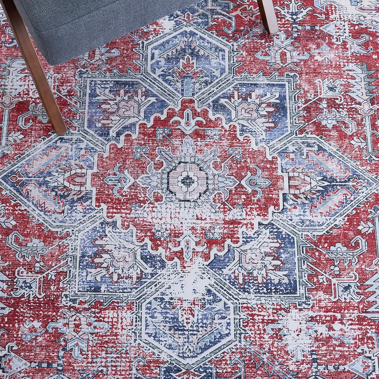 image:imageSAFAVIEH Washable Rug Tucson Collection 8 x 10 Red amp Navy Slip Resistant amp Easy to Clean Ideal for Living Room Bedroom Dining Space TSN101SRedNavy