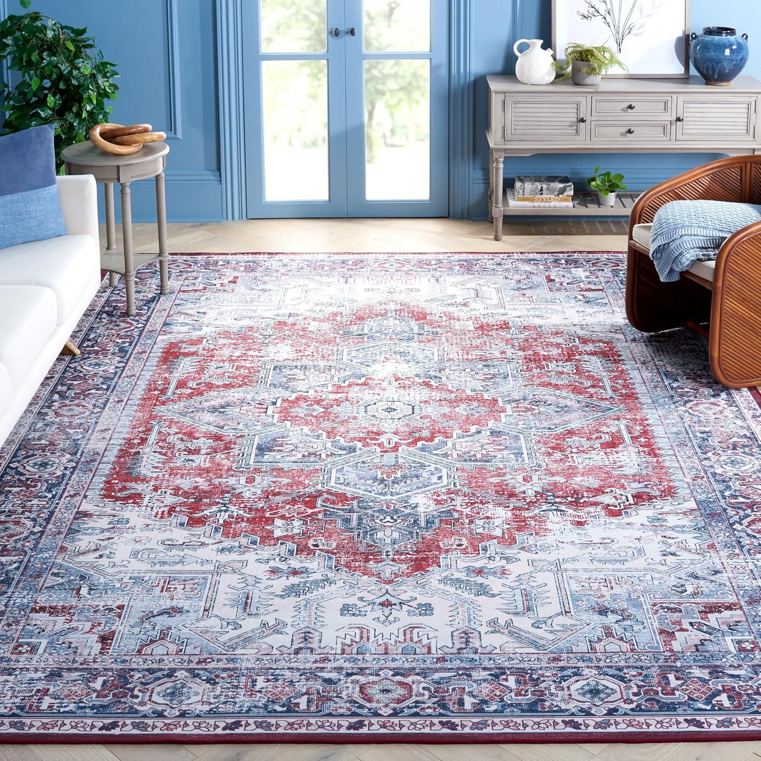 image:imageSAFAVIEH Washable Rug Tucson Collection 8 x 10 Red amp Navy Slip Resistant amp Easy to Clean Ideal for Living Room Bedroom Dining Space TSN101SRedNavy