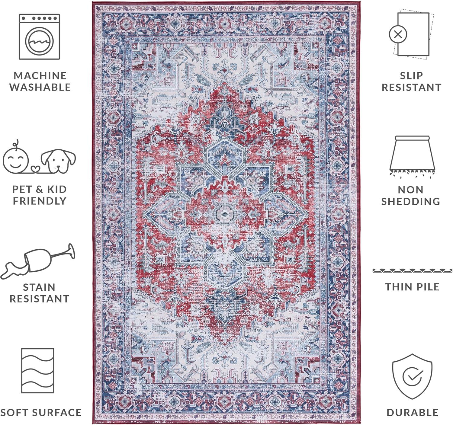 image:imageSAFAVIEH Washable Rug Tucson Collection 8 x 10 Red amp Navy Slip Resistant amp Easy to Clean Ideal for Living Room Bedroom Dining Space TSN101SRedNavy