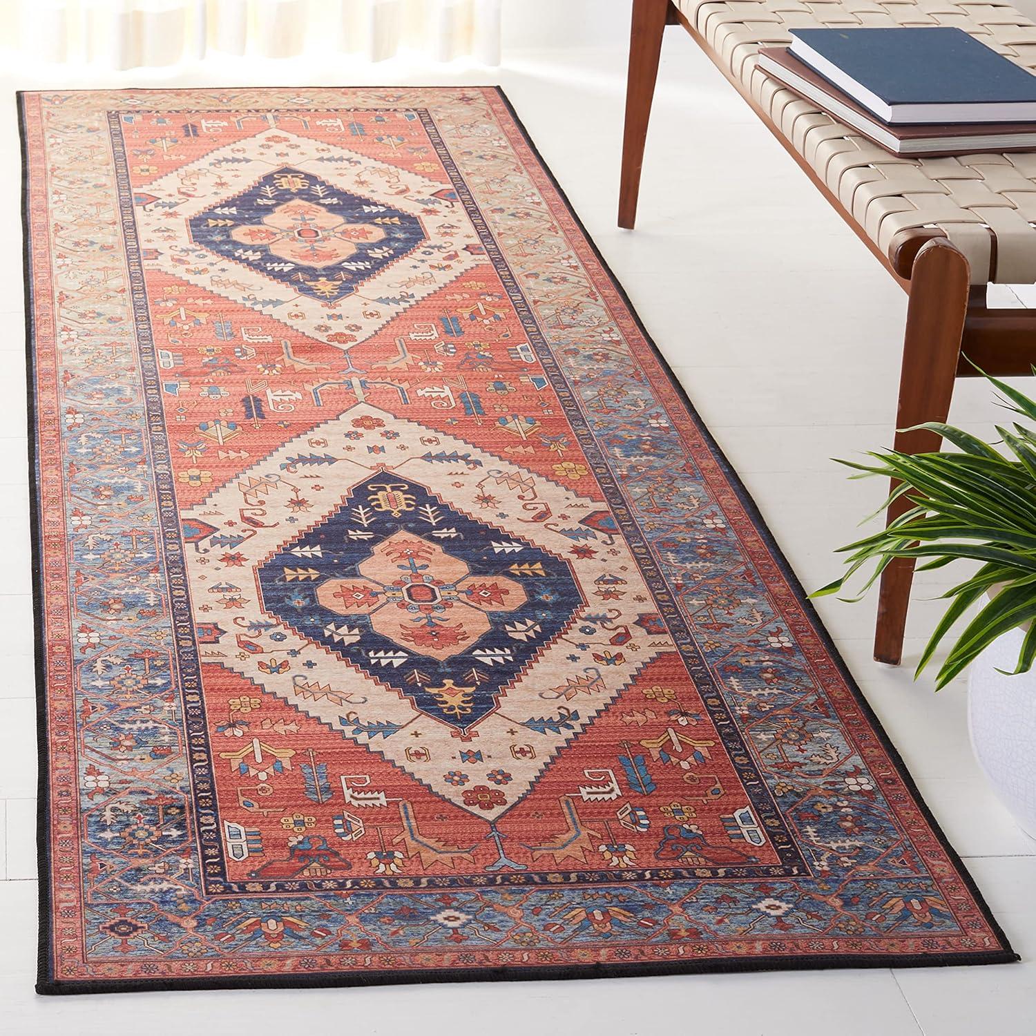 image:imageSAFAVIEH Washable Rug Tucson Collection 8 x 10 Rust amp Blue Slip Resistant amp Easy to Clean Ideal for Living Room Bedroom Dining Space TSN153PRustBlue