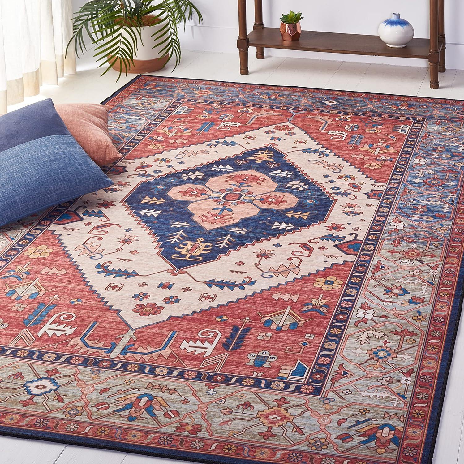 image:imageSAFAVIEH Washable Rug Tucson Collection 8 x 10 Rust amp Blue Slip Resistant amp Easy to Clean Ideal for Living Room Bedroom Dining Space TSN153PRustBlue