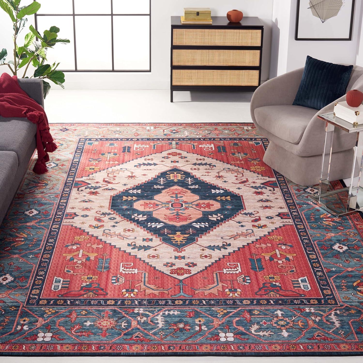 image:imageSAFAVIEH Washable Rug Tucson Collection 8 x 10 Rust amp Blue Slip Resistant amp Easy to Clean Ideal for Living Room Bedroom Dining Space TSN153PRustBlue