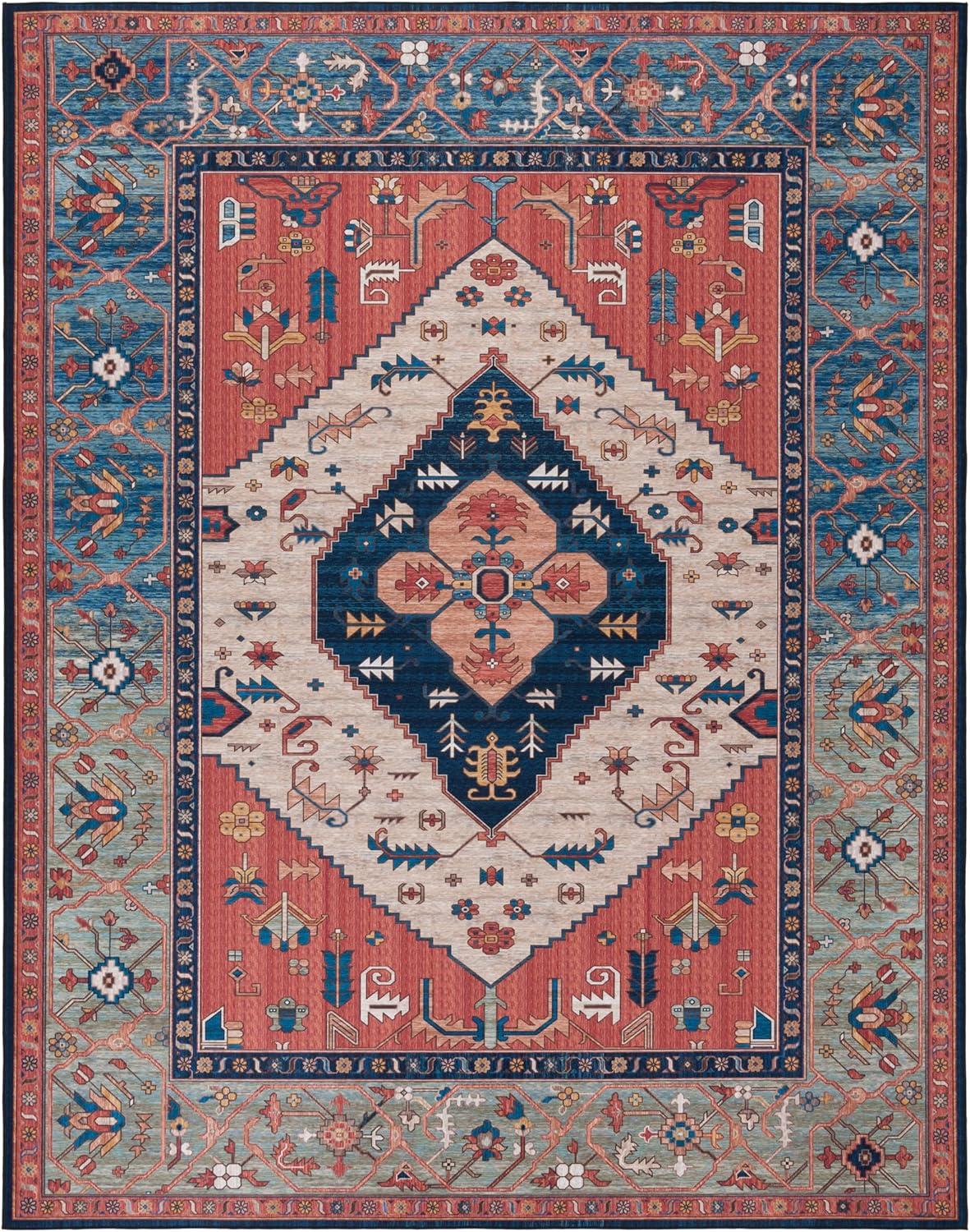 image:imageSAFAVIEH Washable Rug Tucson Collection 8 x 10 Rust amp Blue Slip Resistant amp Easy to Clean Ideal for Living Room Bedroom Dining Space TSN153PRustBlue