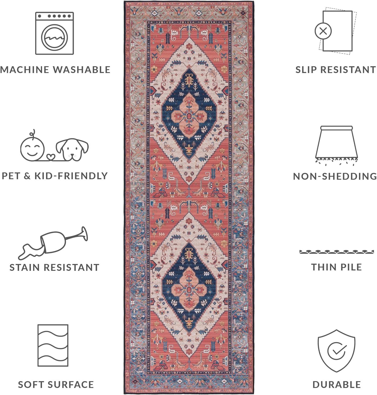 image:imageSAFAVIEH Washable Rug Tucson Collection 8 x 10 Rust amp Blue Slip Resistant amp Easy to Clean Ideal for Living Room Bedroom Dining Space TSN153PRustBlue