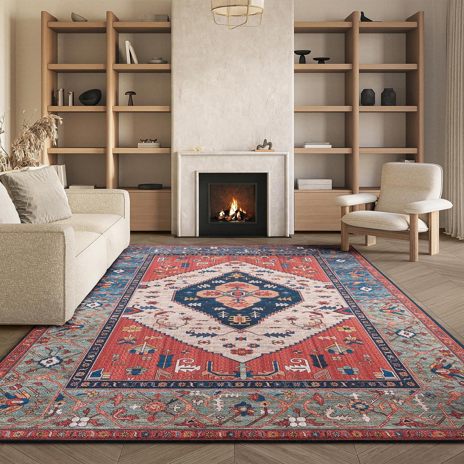 image:imageSAFAVIEH Washable Rug Tucson Collection 8 x 10 Rust amp Blue Slip Resistant amp Easy to Clean Ideal for Living Room Bedroom Dining Space TSN153PRustBlue