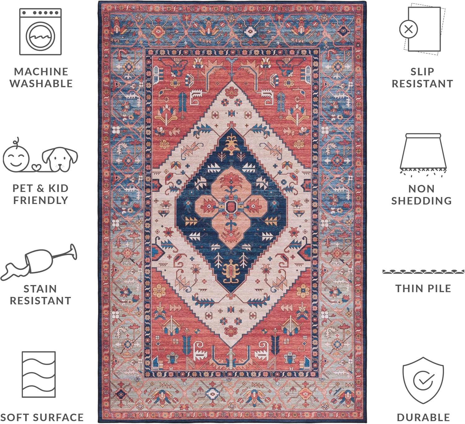 image:imageSAFAVIEH Washable Rug Tucson Collection 8 x 10 Rust amp Blue Slip Resistant amp Easy to Clean Ideal for Living Room Bedroom Dining Space TSN153PRustBlue