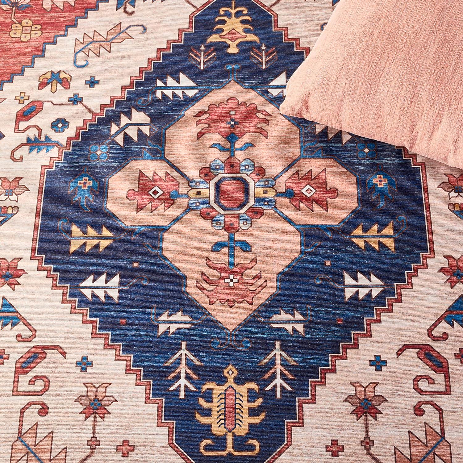 image:imageSAFAVIEH Washable Rug Tucson Collection 8 x 10 Rust amp Blue Slip Resistant amp Easy to Clean Ideal for Living Room Bedroom Dining Space TSN153PRustBlue