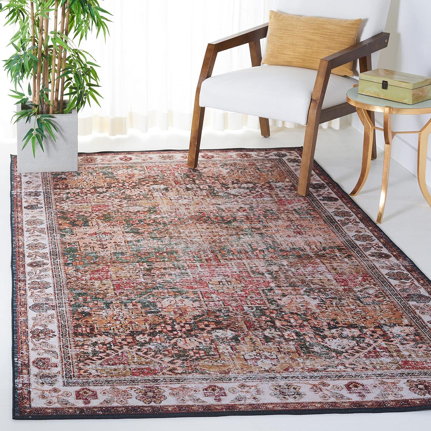 image:imageSAFAVIEH Washable Rug Tucson Collection 8 x 10 Rust amp Green Slip Resistant amp Easy to Clean Ideal for Living Room Bedroom Dining Space TSN114PIvoryGreen