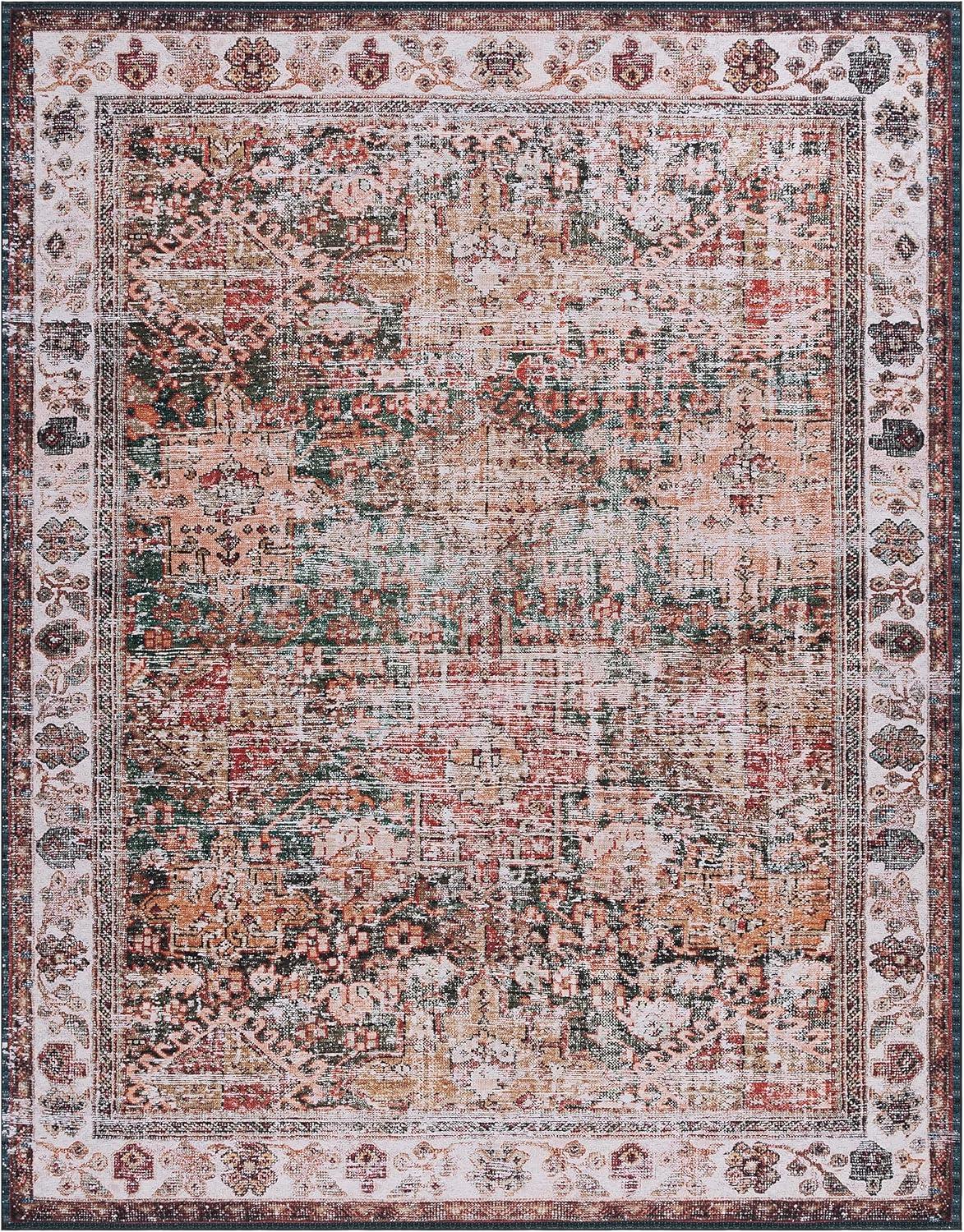 image:imageSAFAVIEH Washable Rug Tucson Collection 8 x 10 Rust amp Green Slip Resistant amp Easy to Clean Ideal for Living Room Bedroom Dining Space TSN114PIvoryGreen