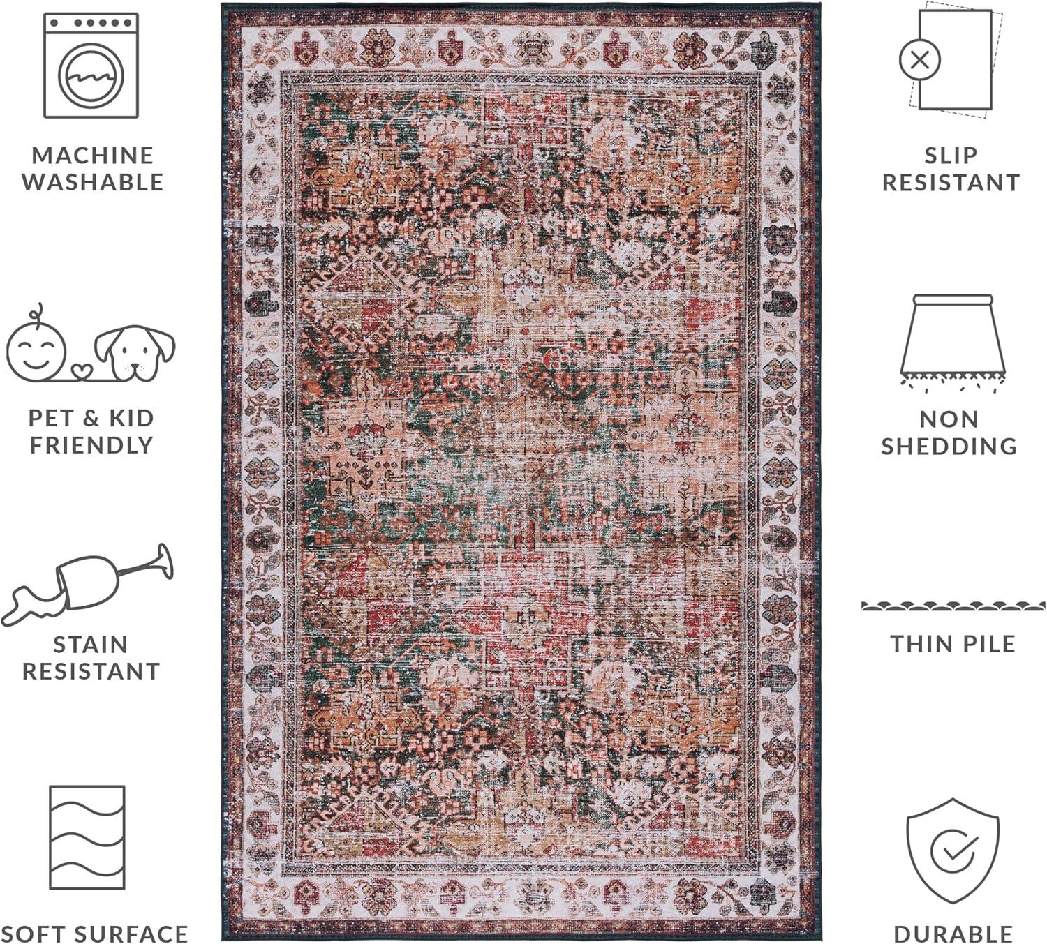 image:imageSAFAVIEH Washable Rug Tucson Collection 8 x 10 Rust amp Green Slip Resistant amp Easy to Clean Ideal for Living Room Bedroom Dining Space TSN114PIvoryGreen