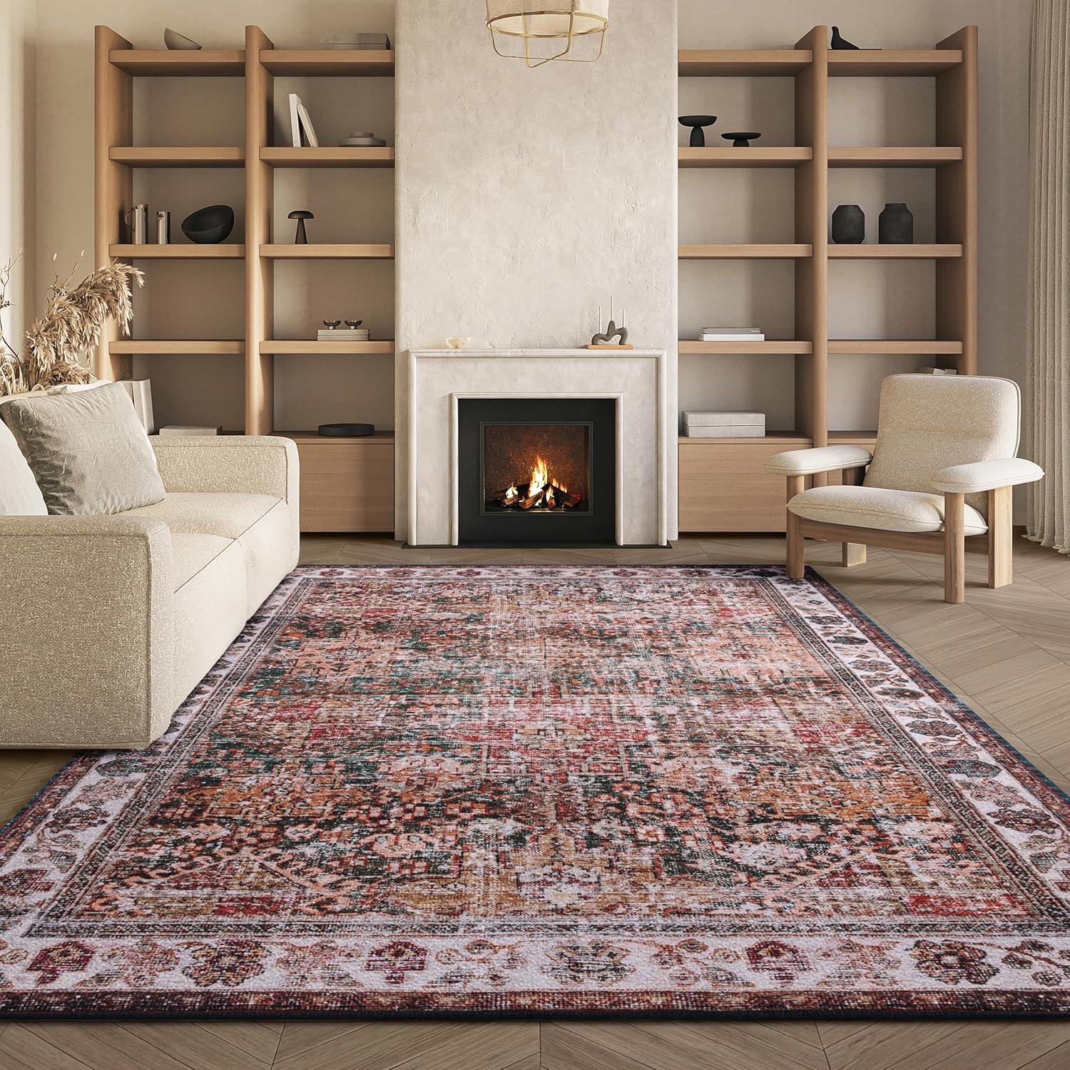 image:imageSAFAVIEH Washable Rug Tucson Collection 8 x 10 Rust amp Green Slip Resistant amp Easy to Clean Ideal for Living Room Bedroom Dining Space TSN114PIvoryGreen