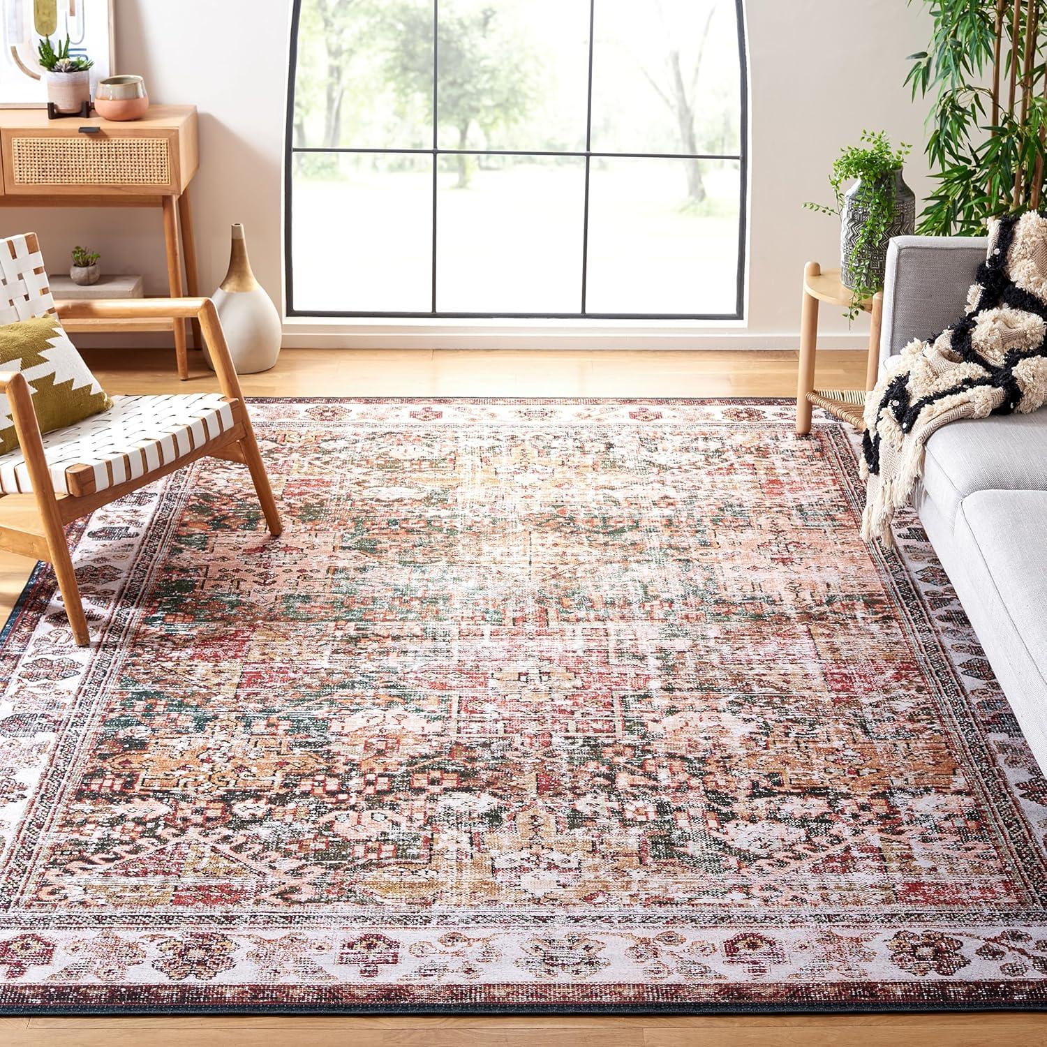 image:imageSAFAVIEH Washable Rug Tucson Collection 8 x 10 Rust amp Green Slip Resistant amp Easy to Clean Ideal for Living Room Bedroom Dining Space TSN114PIvoryGreen