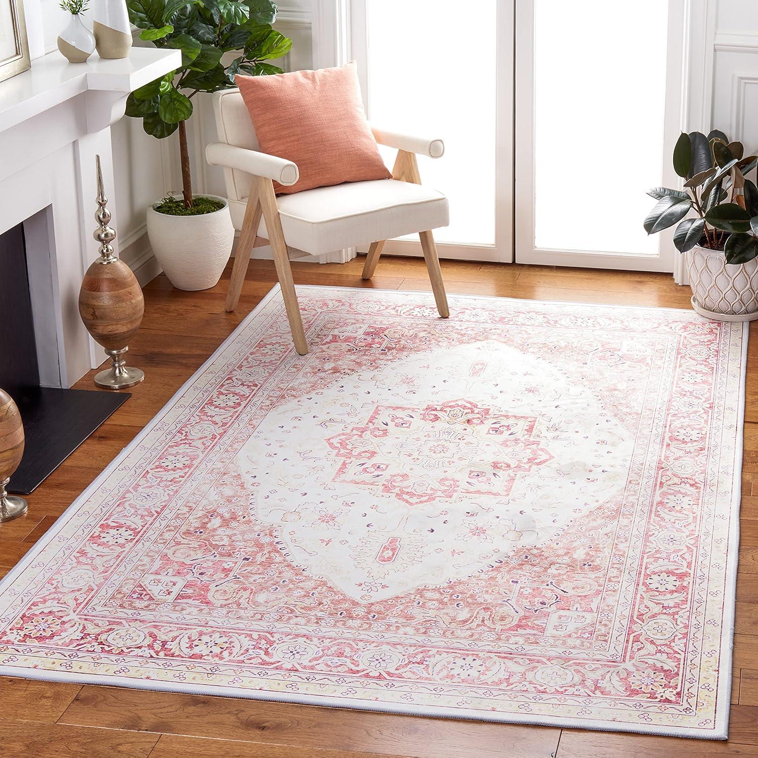 image:imageSAFAVIEH Washable Rug Tucson Collection 9 x 12 Red amp Beige Slip Resistant amp Easy to Clean Ideal for Living Room Bedroom Dining Space TSN107QBeigeRust