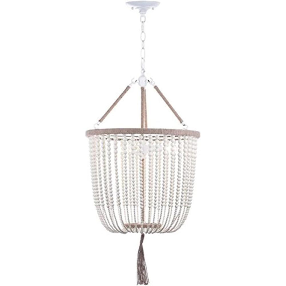 image:imageSAFAVIEH Lighting Collection  Angie Boho Farmhouse Cream 3Light Beaded Adjustable Hanging Pendant Chandelier with Tassel LED Bulbs Included LIT4476ACream