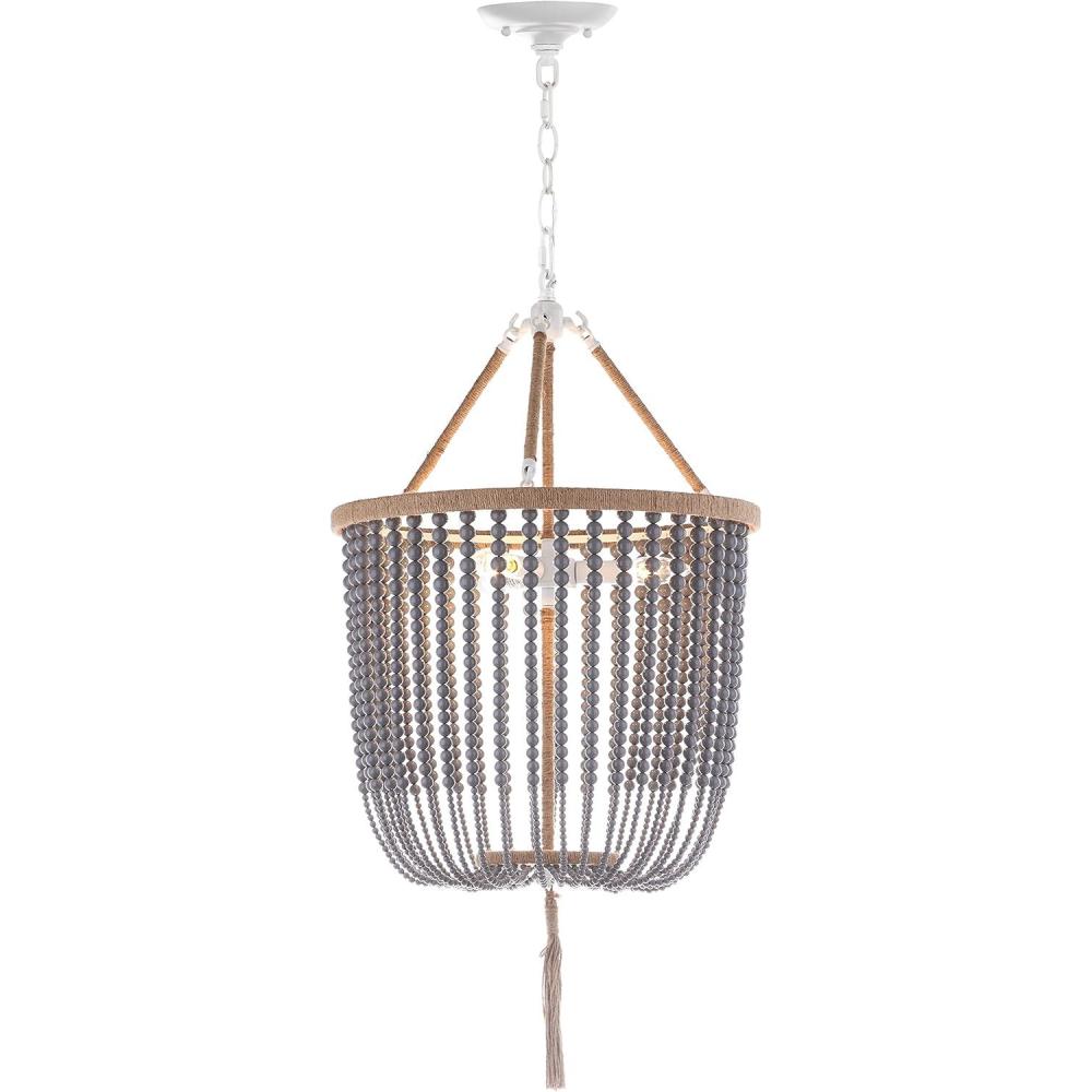 image:imageSAFAVIEH Lighting Collection  Angie Boho Farmhouse Cream 3Light Beaded Adjustable Hanging Pendant Chandelier with Tassel LED Bulbs Included LIT4476AGray