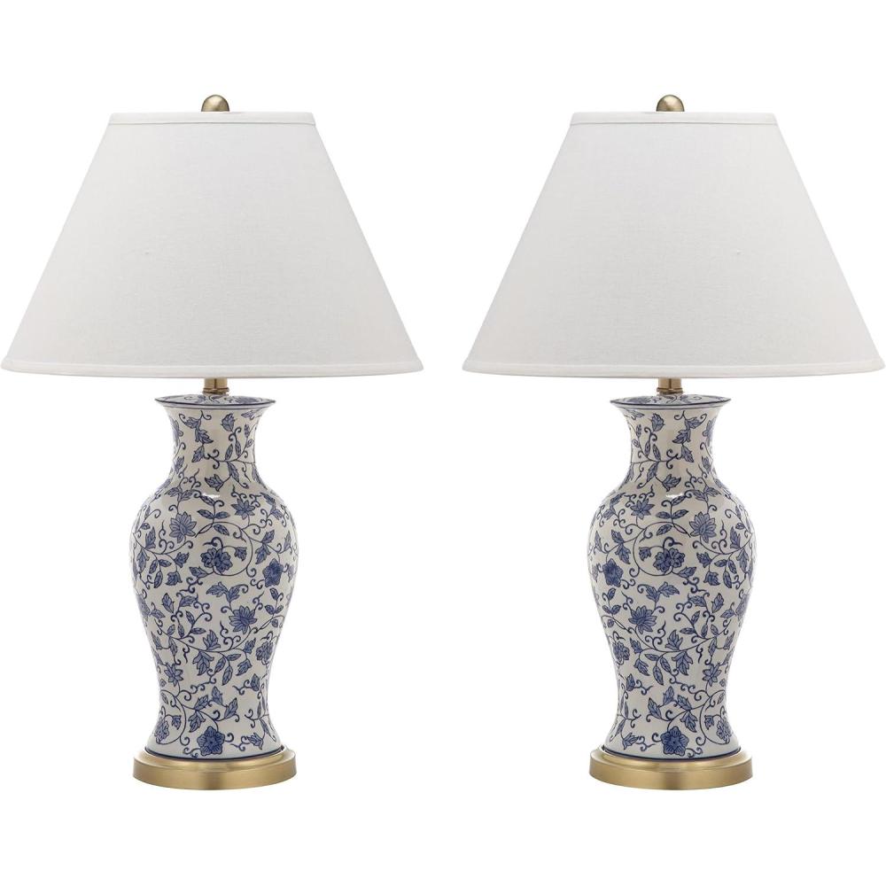 image:imageSAFAVIEH Lighting Collection Beijing Floral Set of 2 Blue amp White Ceramic Table Lamps with Antique Gold Accents 29Inch Chinoiserie Lamps LED Bulbs Included LIT4172ASET2