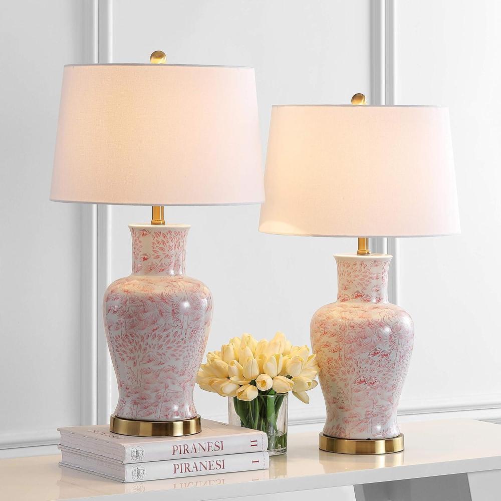 image:imageSAFAVIEH Lighting Collection  Calli Set of 2 Pink amp White Chinoiserie Ceramic Table Lamps with Brass Gold Accents 28Inch Bedroom or Living Room Lamps LED Bulbs Included TBL4161ASET2