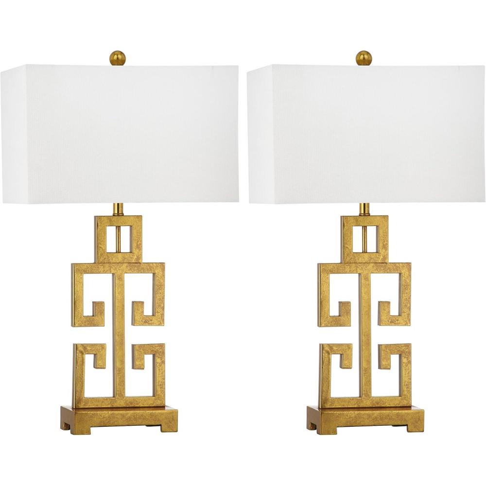 image:imageSAFAVIEH Lighting Collection Greek Key Table Lamp Set of 2 Antique Gold Metal Base with White Fabric Shade LED Bulbs Included 29Inch Bedroom Living Room Desk Lamps LIT4305ASET2Antique Gold Set of 2