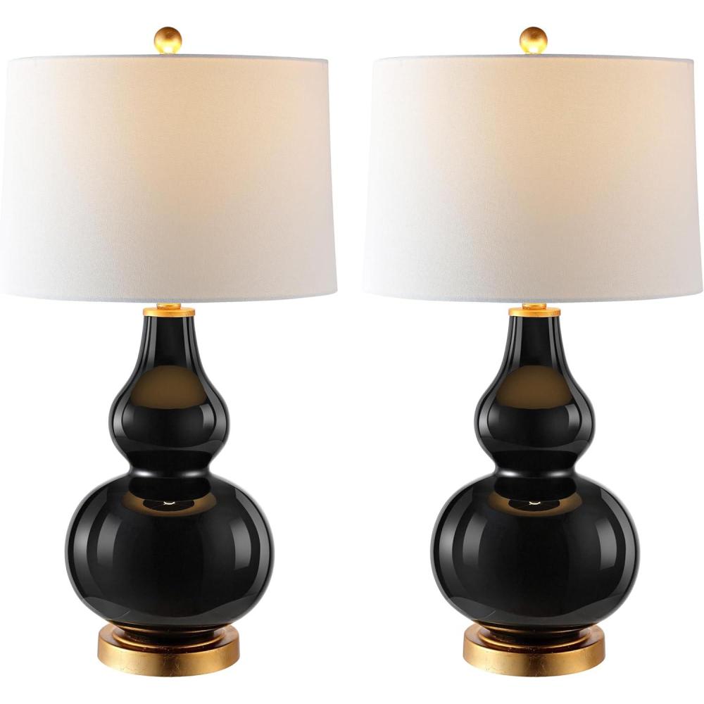 image:imageSAFAVIEH Lighting Collection  Karlen Set of 2 Black amp Gold Leaf Double Gourd Glass Table Lamps Modern Contemporary Design LED Bulbs Included TBL4223BSET2BlackGold  Set of 2
