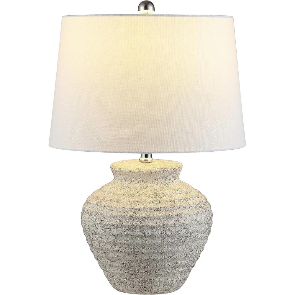 image:imageSAFAVIEH Lighting Collection Ledger Rustic Farmhouse Light Grey Ceramic Table Lamp with White Drum Shade 23Inch Bedroom or Living Room Lamp LED Bulb Included TBL4352ALight Gray