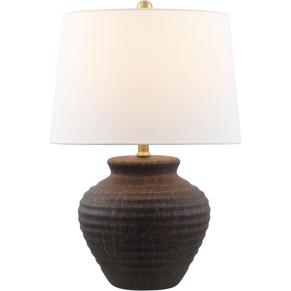 image:imageSAFAVIEH Lighting Collection Ledger Rustic Farmhouse Light Grey Ceramic Table Lamp with White Drum Shade 23Inch Bedroom or Living Room Lamp LED Bulb Included TBL4352ADark Brown