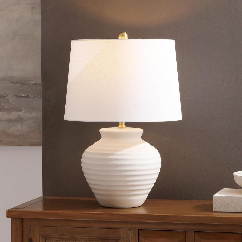 image:imageSAFAVIEH Lighting Collection  Ledger Rustic Farmhouse Light Grey Ceramic Table Lamp with White Drum Shade 23Inch Bedroom or Living Room Lamp LED Bulb Included TBL4352ABone