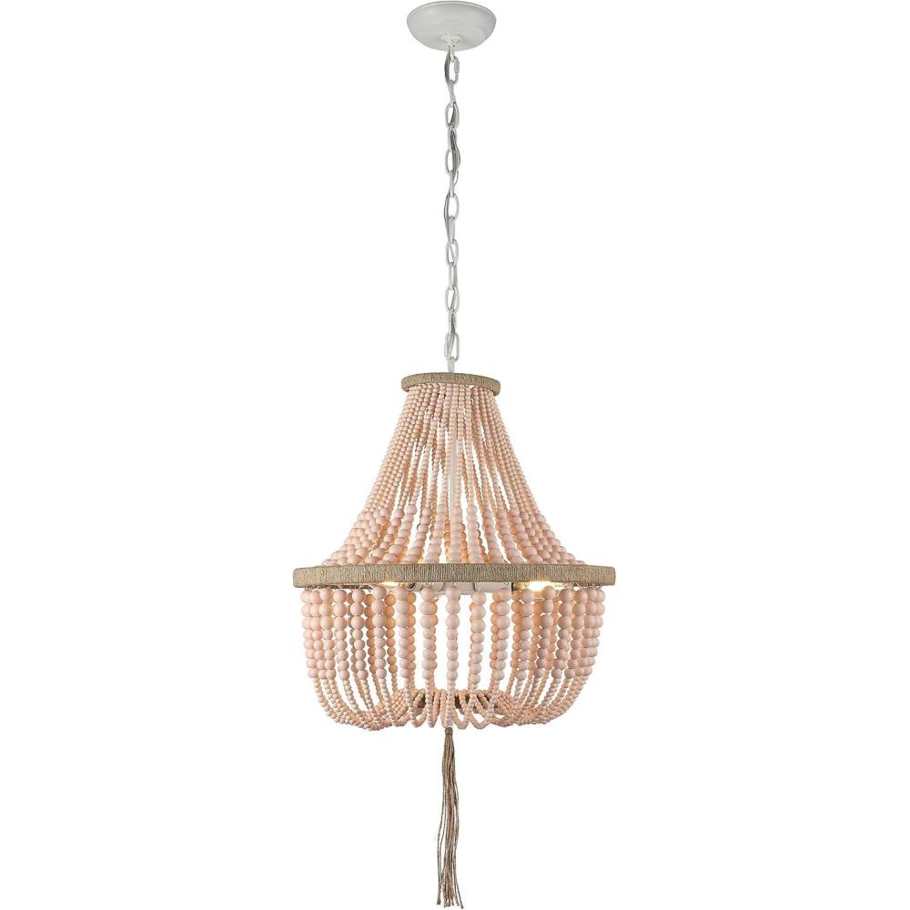 image:imageSAFAVIEH Lighting Collection  Lush Kristi Cream Beaded Boho Farmhouse 3Light Pendant Chandelier with Tassel Adjustable Hanging Ceiling Light LIT4477BBlush
