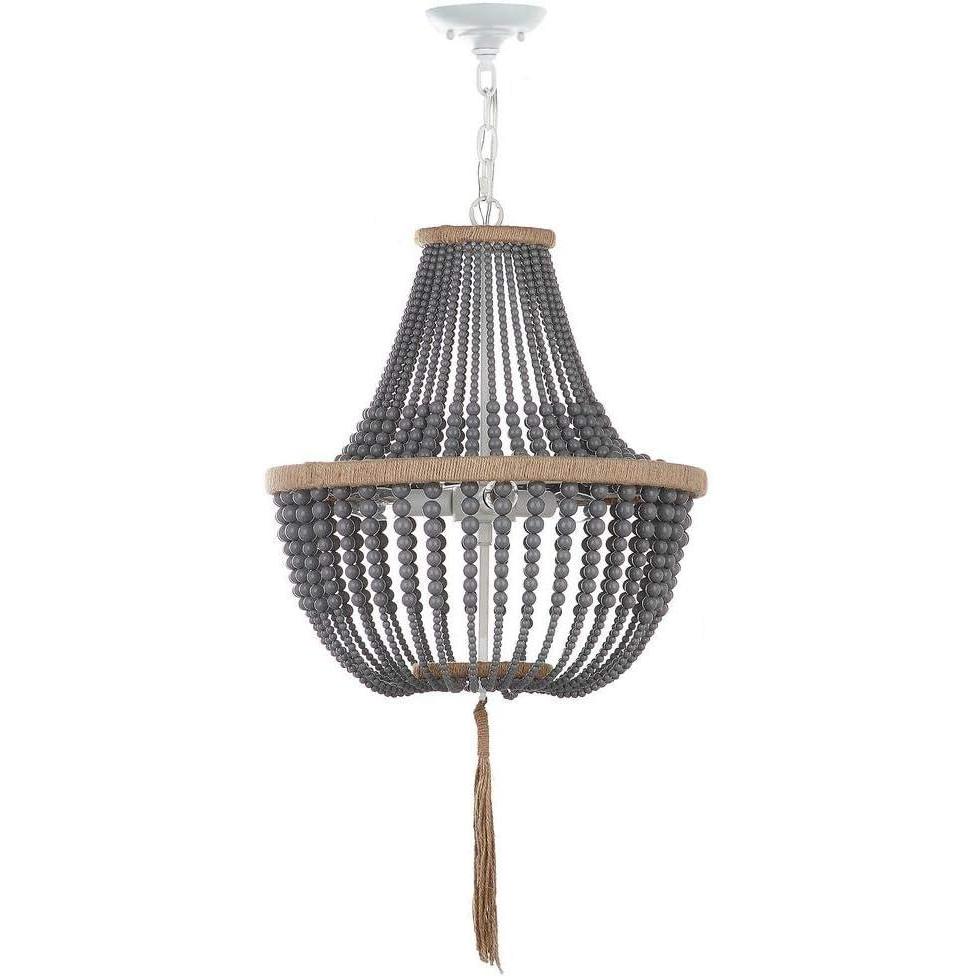 image:imageSAFAVIEH Lighting Collection  Lush Kristi Cream Beaded Boho Farmhouse 3Light Pendant Chandelier with Tassel Adjustable Hanging Ceiling Light LIT4477BGray