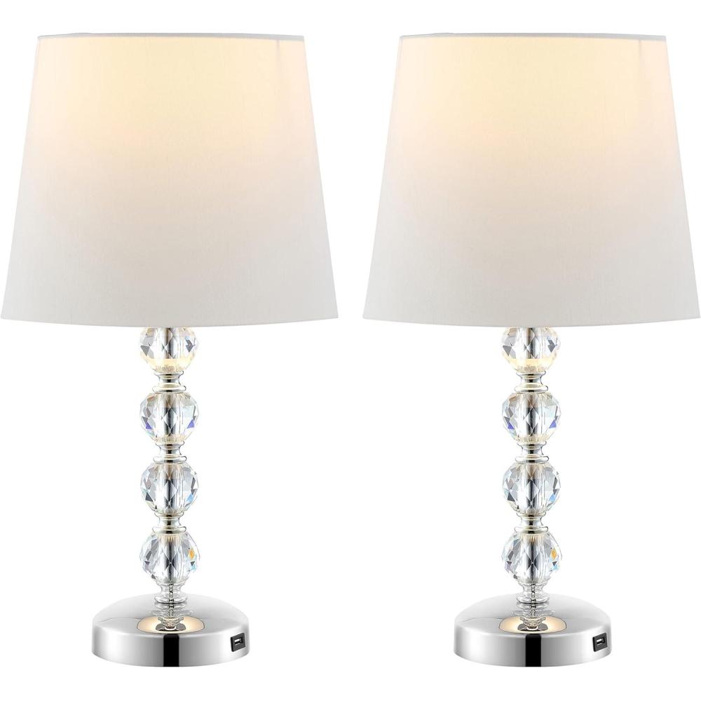 image:imageSAFAVIEH Lighting Collection Nola Set of 2 Modern Glam Stacked Crystal Ball 16Inch Table Lamps LED Bulbs Included Bedroom Living Room Home Office LIT4123CSET2ClearChrome with USB