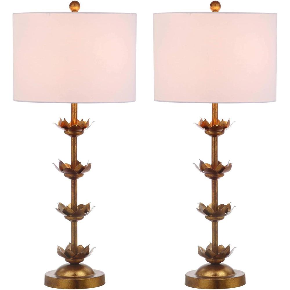 image:imageSAFAVIEH Lighting Collection Set of 2 Lani Antique Gold Leaf 32Inch Table Lamps White Drum Shade LED Bulbs Included Bedroom Living Room Home Office TBL4016ASET2Antique Gold