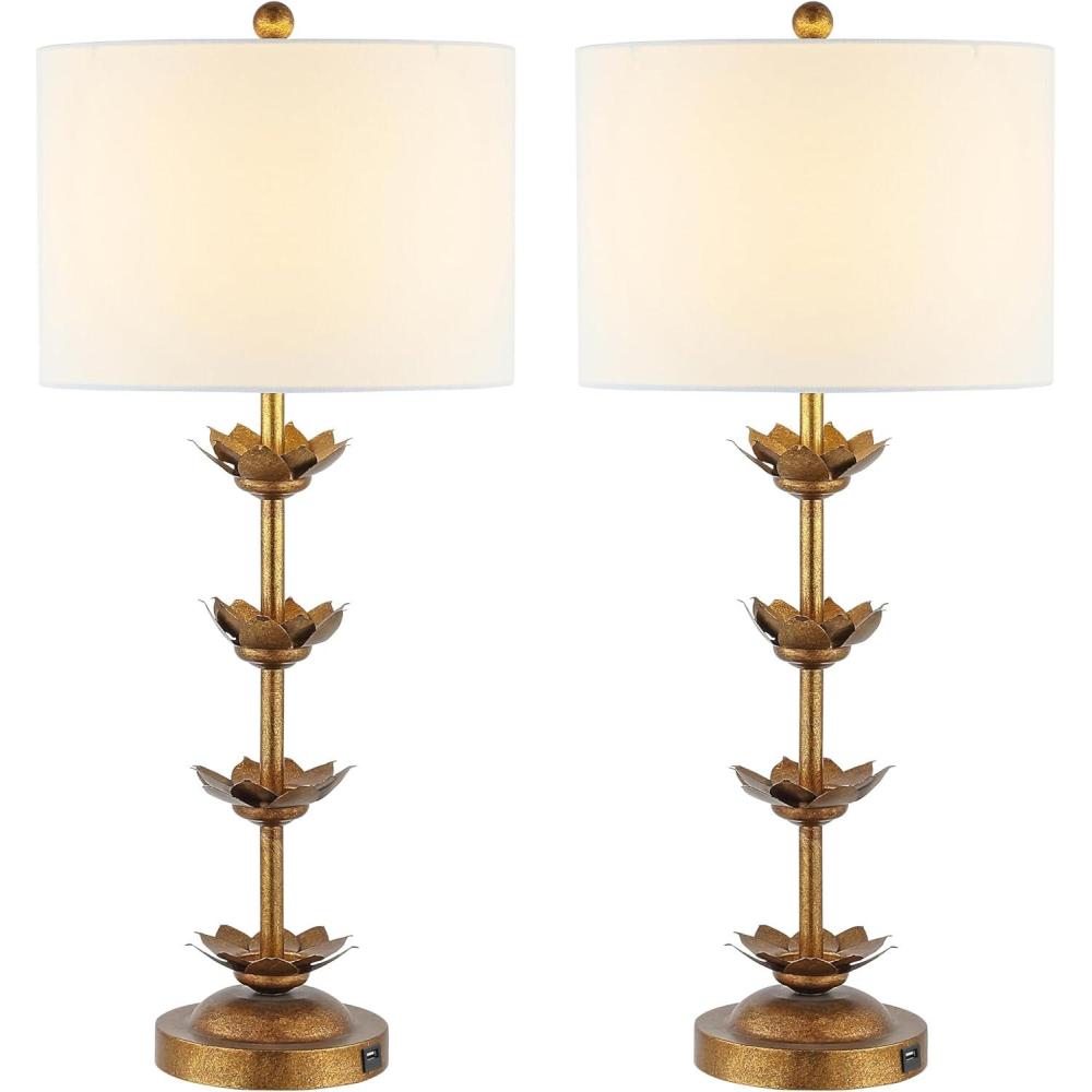 image:imageSAFAVIEH Lighting Collection Set of 2 Lani Antique Gold Leaf 32Inch Table Lamps White Drum Shade LED Bulbs Included Bedroom Living Room Home Office TBL4016ASET2Antiqued Gold White Linen Shade