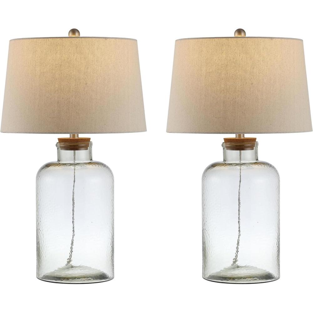 image:imageSAFAVIEH Lighting Collection Caden Clear Glass 28inch Bedroom Living Room Home Office Desk Nightstand Table Lamp Set of 2 LED Bulbs Included