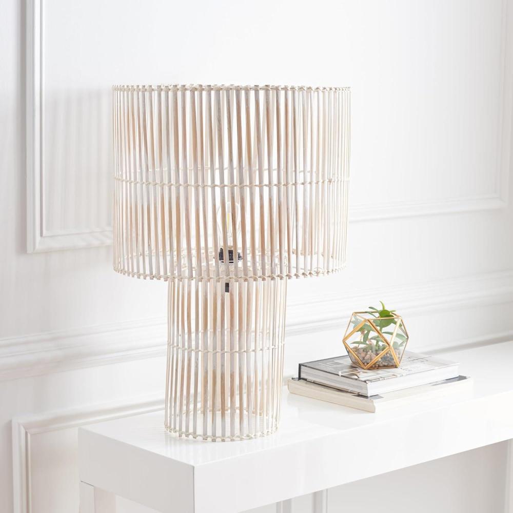 image:imageSAFAVIEH Lighting Collection Elara Rattan Natural 25inch Table Lamp LED Bulb IncludedWhite Washed