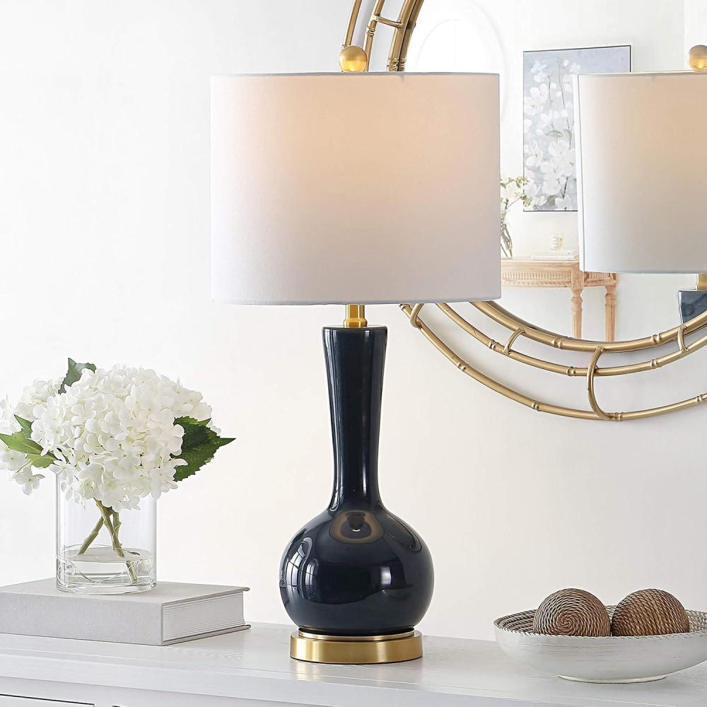image:imageSAFAVIEH Lighting Collection Gaetna Modern Contemporary Navy Glass 27inch Bedroom Living Room Home Office Desk Nightstand Table Lamp LED Bulb IncludedNavy
