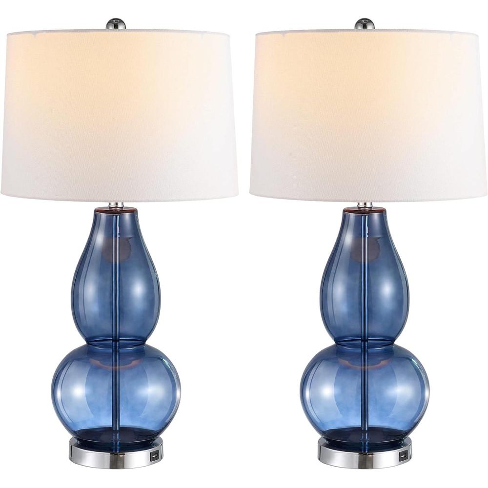 image:imageSAFAVIEH Lighting Collection Mercurio Blue Glass Double Gourd 29inch Bedroom Living Room Home Office Desk Nightstand Table Lamp Set of 2 LED Bulbs IncludedBlue with USB