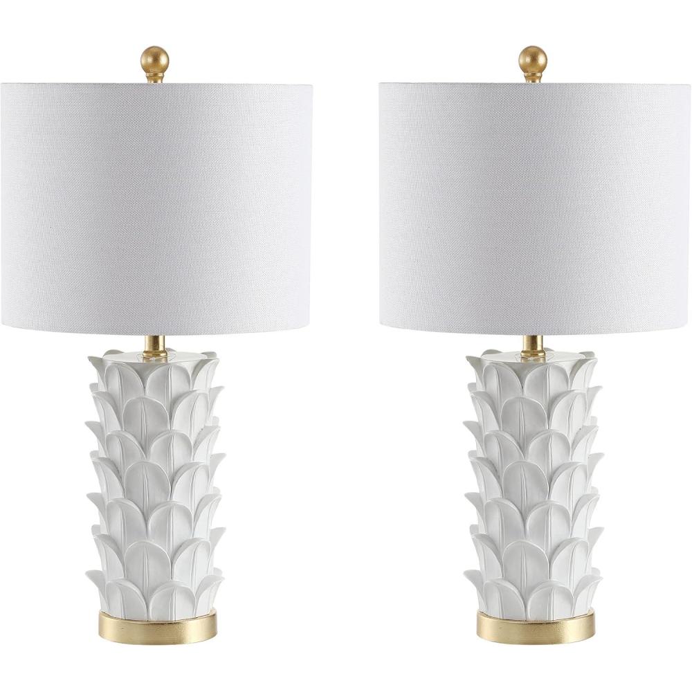 image:imageSAFAVIEH Lighting Collection Nico White Gold Leaf 25inch Bedroom Living Room Home Office Desk Nightstand Table Lamp Set of 2 LED Bulbs Included