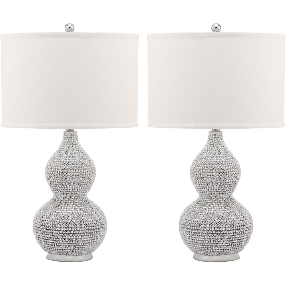 image:imageSAFAVIEH Lighting Collection Nicole Modern Silver Bead Base Black Shade 25inch Bedroom Living Room Home Office Desk Nightstand Table Lamp Set of 2 LED Bulbs IncludedSilverWhite Set of 2
