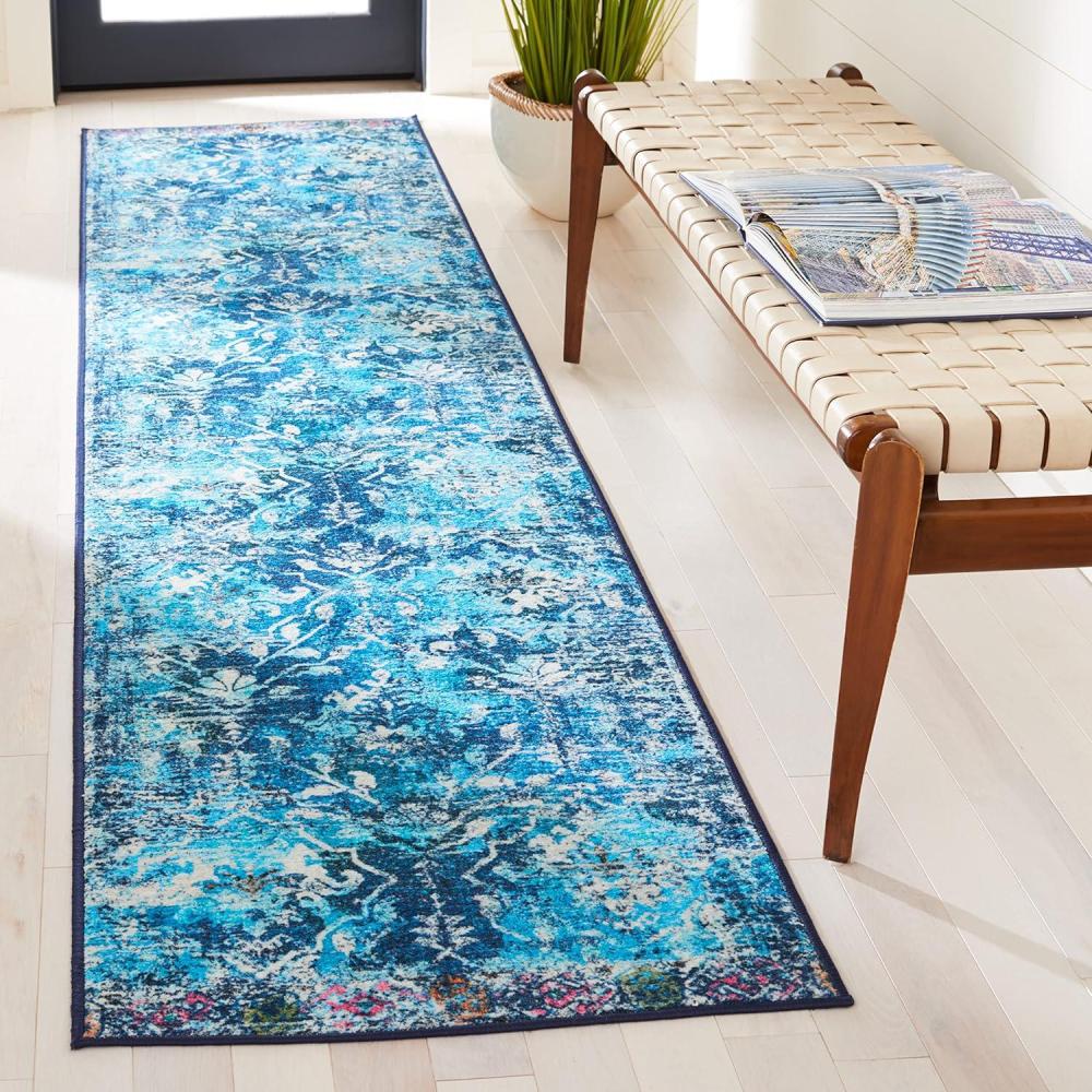 image:imageSAFAVIEH Washable Rug Riviera Collection 67 Square Orange amp Light Blue Slip Resistant amp Easy to Clean Ideal for Living Room Bedroom Office Kids Playroom Dining Space RIV117PNavyLight Blue