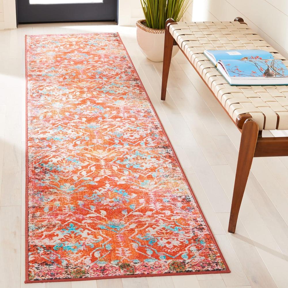 image:imageSAFAVIEH Washable Rug Riviera Collection 67 Square Orange amp Light Blue Slip Resistant amp Easy to Clean Ideal for Living Room Bedroom Office Kids Playroom Dining Space RIV117POrangeLight Blue