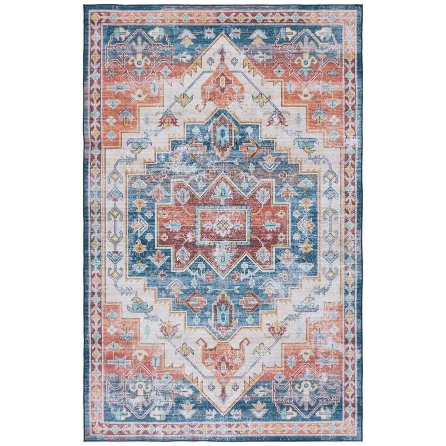 image:imageSAFAVIEH Washable Rug Tucson Collection  8 x 10 Blue amp Rust Slip Resistant amp Easy to Clean Ideal for Living Room Bedroom Dining Space TSN116MBlueRust