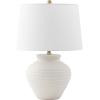 SAFAVIEH Lighting Collection – Ledger Rustic Farmhouse Light Grey Ceramic Table Lamp with White Drum Shade, 23-Inch Bedroom or Living Room Lamp, LED Bulb Included (TBL4352A)(Bone)