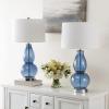 SAFAVIEH Lighting Collection Mercurio Blue Glass Double Gourd 29-inch Bedroom Living Room Home Office Desk Nightstand Table Lamp Set of 2 (LED Bulbs Included)(Blue – with USB)