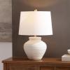 SAFAVIEH Lighting Collection – Ledger Rustic Farmhouse Light Grey Ceramic Table Lamp with White Drum Shade, 23-Inch Bedroom or Living Room Lamp, LED Bulb Included (TBL4352A)(Bone)