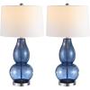 SAFAVIEH Lighting Collection Mercurio Blue Glass Double Gourd 29-inch Bedroom Living Room Home Office Desk Nightstand Table Lamp Set of 2 (LED Bulbs Included)(Blue – with USB)