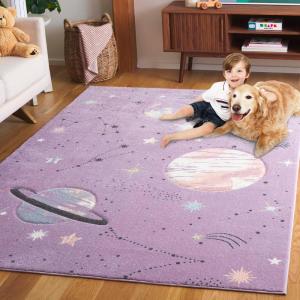 SAFAVIEH Carousel Kids Collection Area Rug – 6’7″ Square, Dark Blue & Light Blue, Non-Shedding & Easy Care, Ideal for High Traffic Areas for Boys & Girls in Playroom, Nursery, Bedroom (CRK122M)(Purple/Orange)